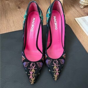 Black Heels with Multicolor Embroidery Aztec Colorful Fun closed toed purple